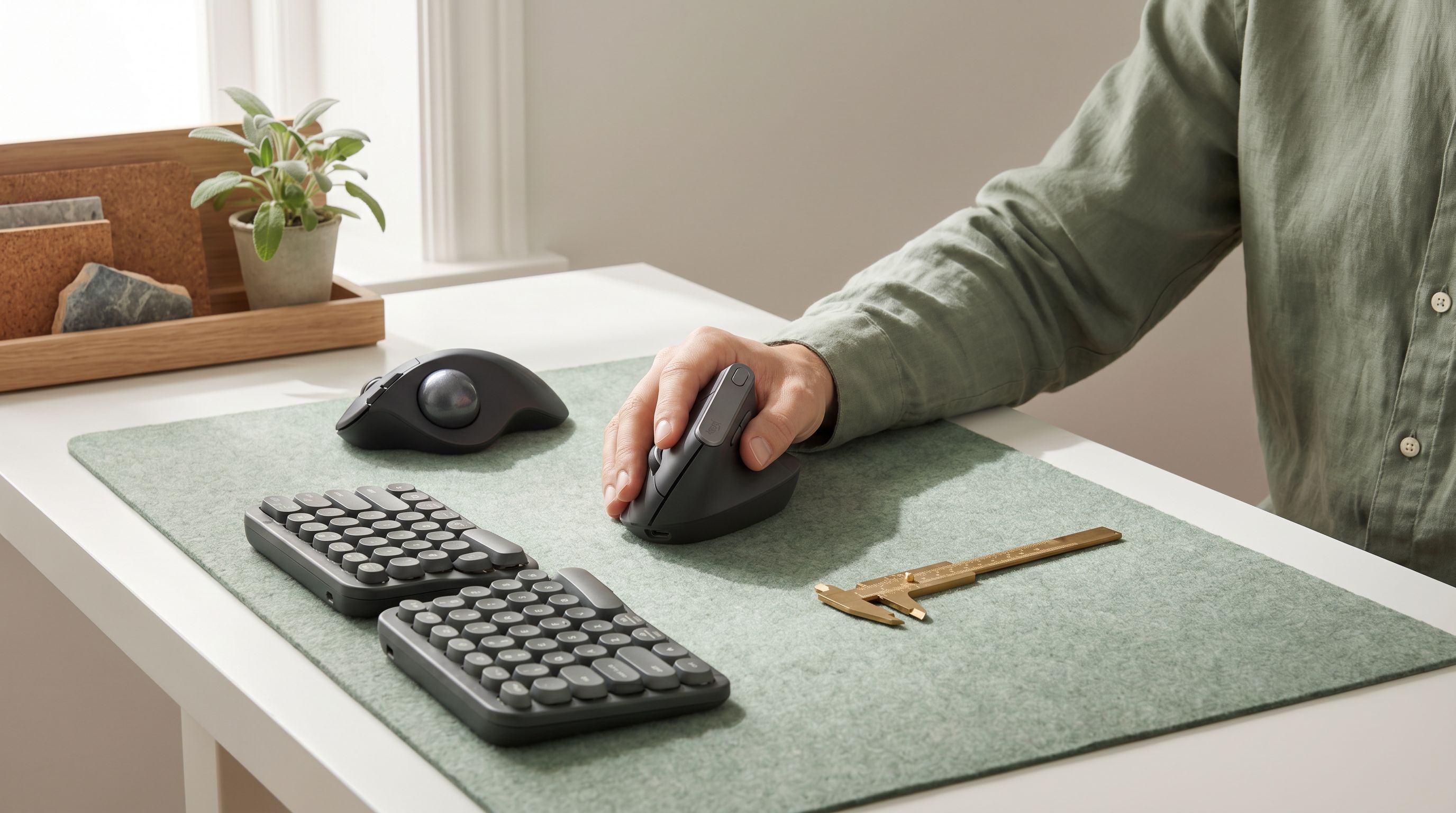 Souris verticale ergonomique de profil sur fond papier ivoire, lumière latérale révélant l'angle d'inclinaison